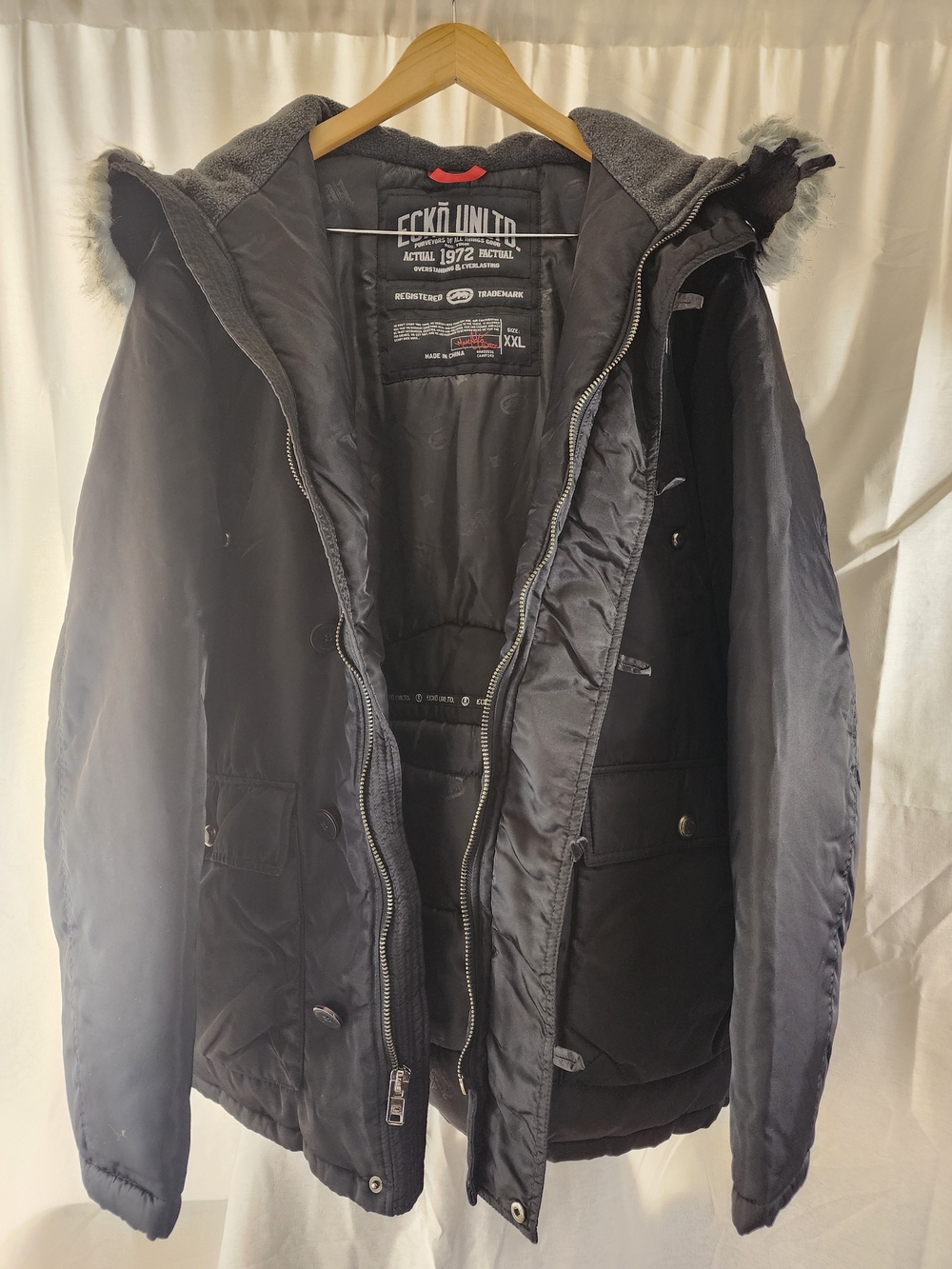 Ecko Unlimited Men's Black Hooded Winter Jacket Vintage 2XL y2k